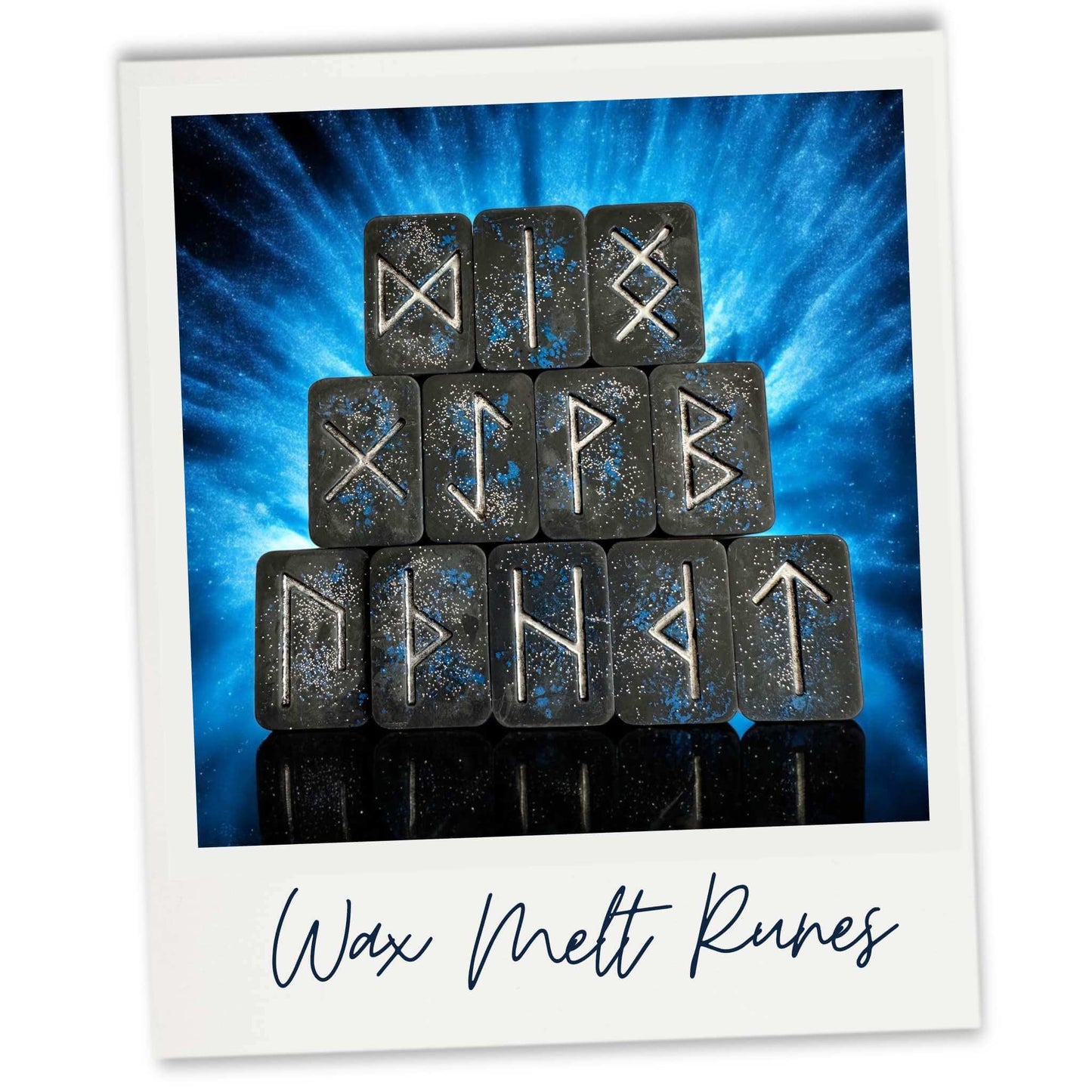 Twelve Rune wax melts black, blue and silver colouring