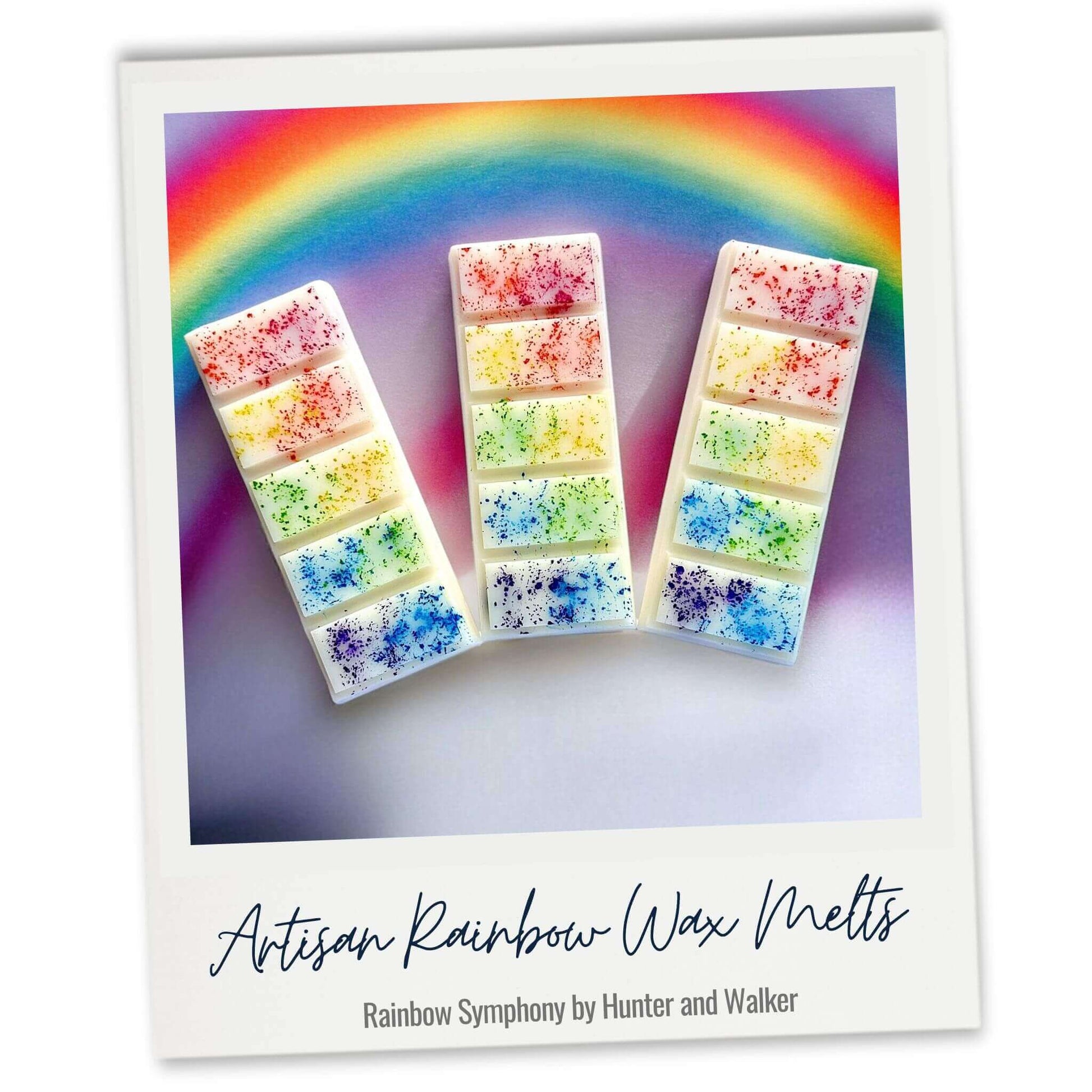 Three Artisan Rainbow Wax Melts with a colourful rainbow background