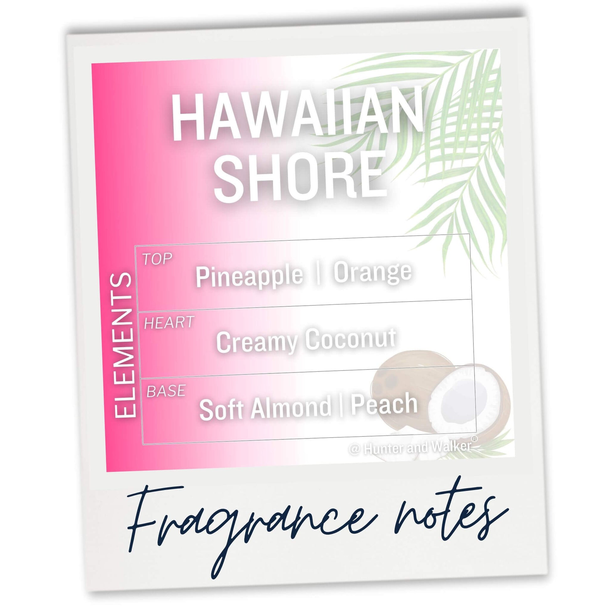 Luxury wax melts made with coconut and rapeseed wax. Hand poured in Kent, UK. Experience the allure of the Hawaiian Shore as it captures the pure essence of a secret hideaway chill beach. Fragrance notes of freshly cut pineapple and tangy squeezed orange juice with a heart of creamy coconut.