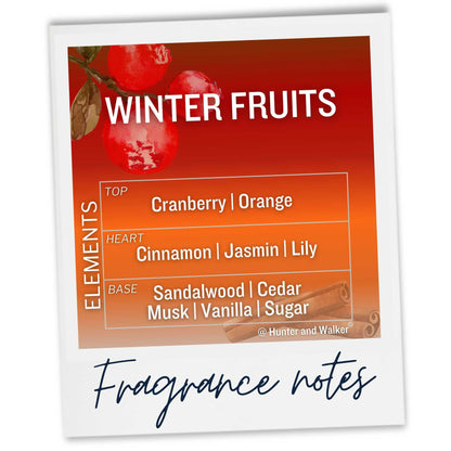 Written description of the fragrance notes within our luxury Winter Fruits wax melt.Fragrance notes within our Winter Fireside Wax Melt. Just one of our superior, long-lasting crystal wax melts, made using the finest coconut and rapeseed wax.