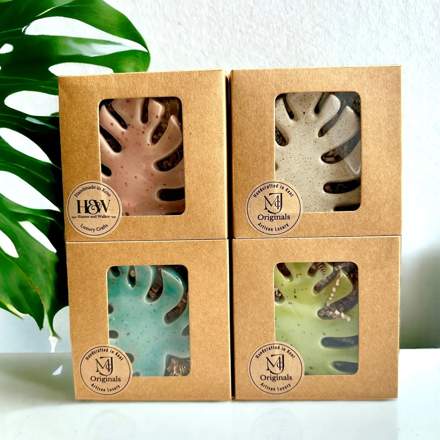 Monstera lover luxury tealight holders showing the different colour options including the Green monstera leaf