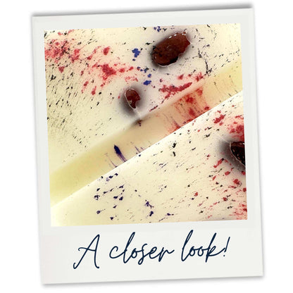 Raspberry Wax Melts close up image in polaroid frame.