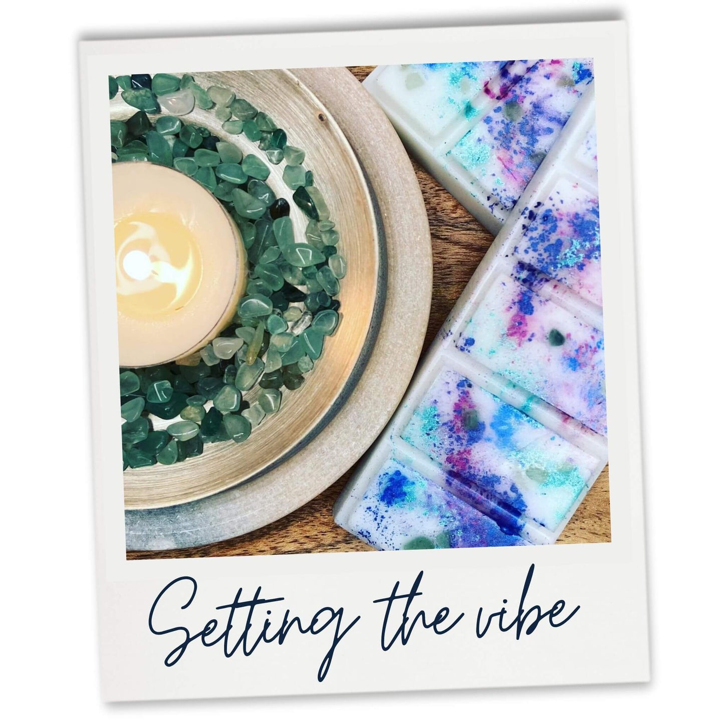 Setting the vibe with Aurora luxury wax melt, candle and Green Aventurine crystals