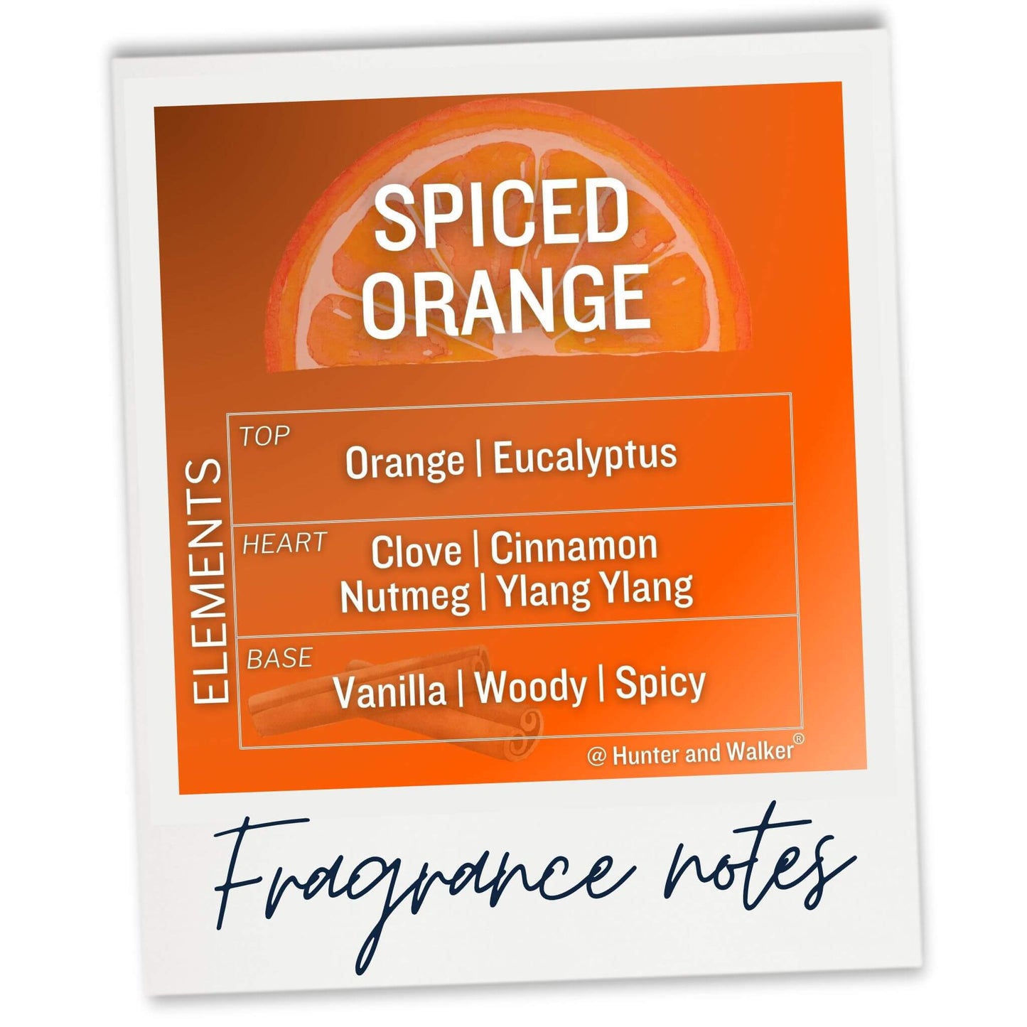 The fragrance notes of our Spiced Orange Luxury Wax Melt feature vibrant Orange peel and fresh Eucalyptus, combined with a warming heart of Cinnamon, Nutmeg and Clove.  The spiced, woody base gives this fragrance a comforting embrace that's sweetened with a touch of Vanilla